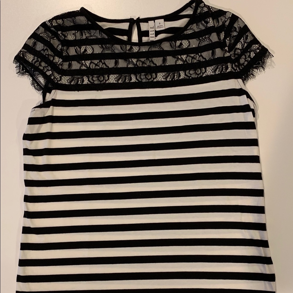 Elle Black and White Stripe Tee with Lace Detail